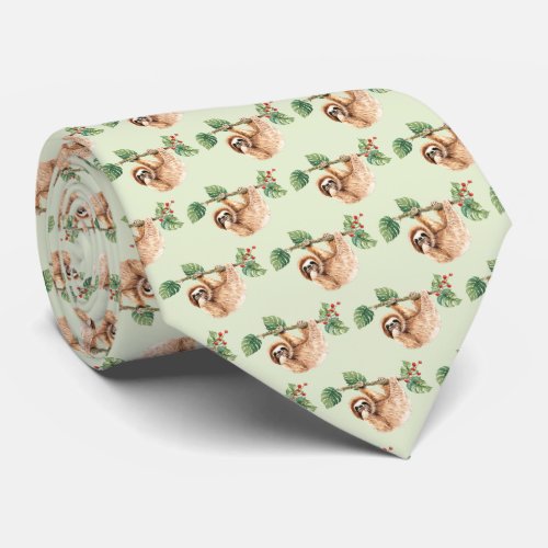 Cute Sloth Hanging Upside Down Watercolor Neck Tie