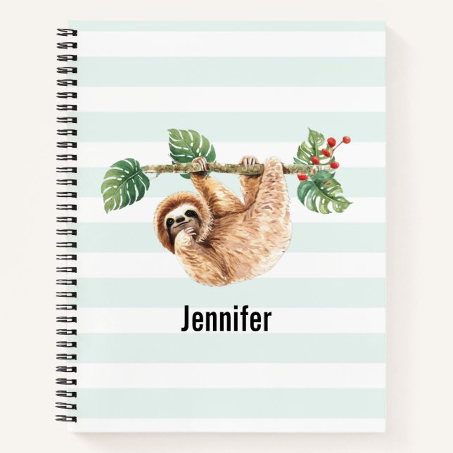 Cute Sloth Hanging Upside Down Watercolor Notebook (Front)