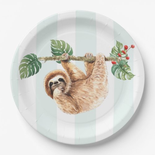 Cute Sloth Hanging Upside Down Watercolor Paper Plates