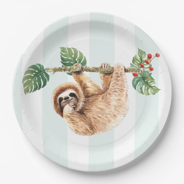 Cute Sloth Hanging Upside Down Watercolor Paper Plates (Front)