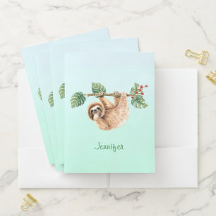 Cute Sloth Hanging Upside Down Watercolor Pocket Folder