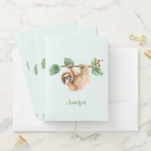 Cute Sloth Hanging Upside Down Watercolor Pocket Folder