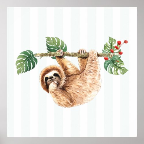 Cute Sloth Hanging Upside Down Watercolor Poster