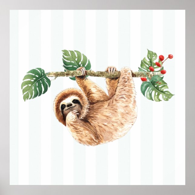 Cute Sloth Hanging Upside Down Watercolor Poster (Front)