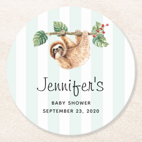 Cute Sloth Hanging Upside Down Watercolor Round Paper Coaster