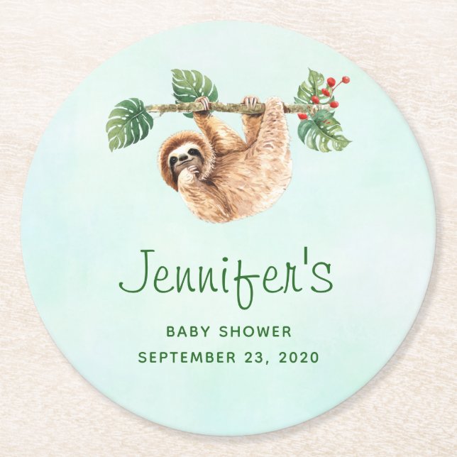 Cute Sloth Hanging Upside Down Watercolor Round Paper Coaster (Front)