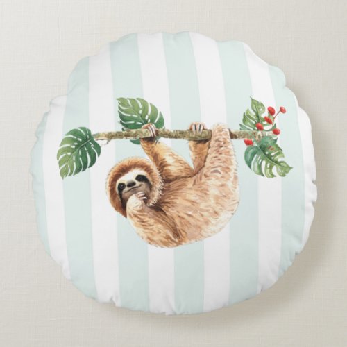 Cute Sloth Hanging Upside Down Watercolor Round Pillow