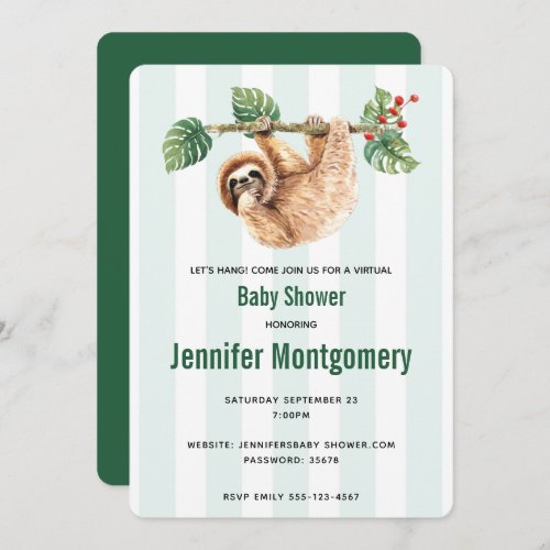 Cute Sloth Hanging Upside Down Watercolor Shower Invitation
