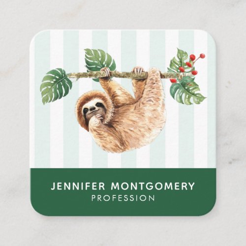 Cute Sloth Hanging Upside Down Watercolor Square Business Card