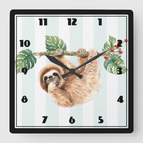 Cute Sloth Hanging Upside Down Watercolor Square Wall Clock