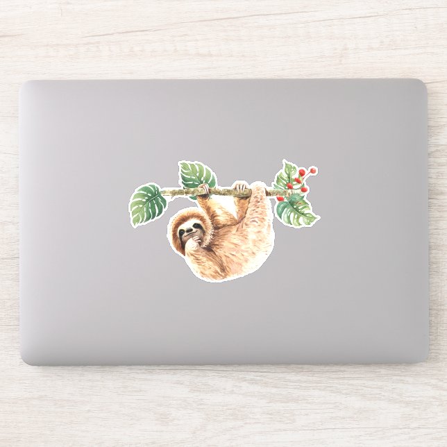 Cute Sloth Hanging Upside Down Watercolor Sticker (Computer)