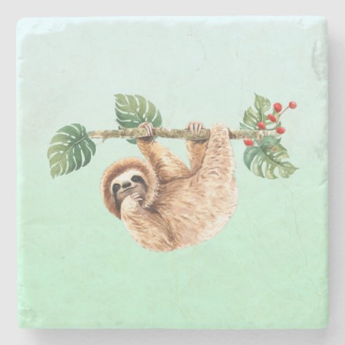 Cute Sloth Hanging Upside Down Watercolor Stone Coaster