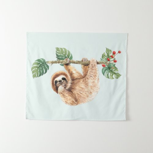 Cute Sloth Hanging Upside Down Watercolor Tapestry