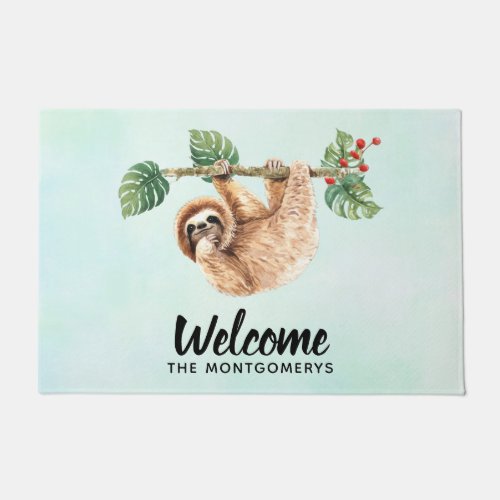 Cute Sloth Hanging Upside Down Watercolor Welcome Doormat