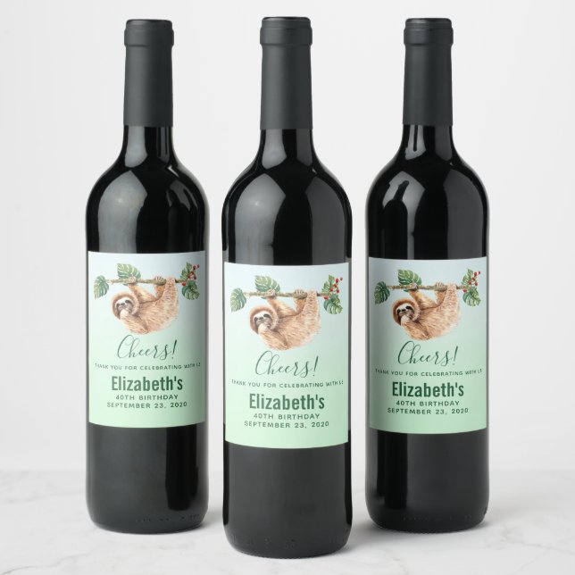 Cute Sloth Hanging Upside Down Watercolor Wine Label (Bottles)