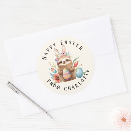 Cute Sloth Happy Easter Bunny Rabbit Eggs Name Classic Round Sticker