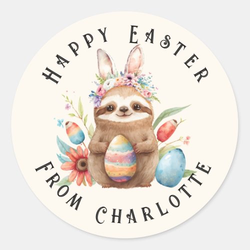Cute Sloth Happy Easter Bunny Rabbit Eggs Name Classic Round Sticker