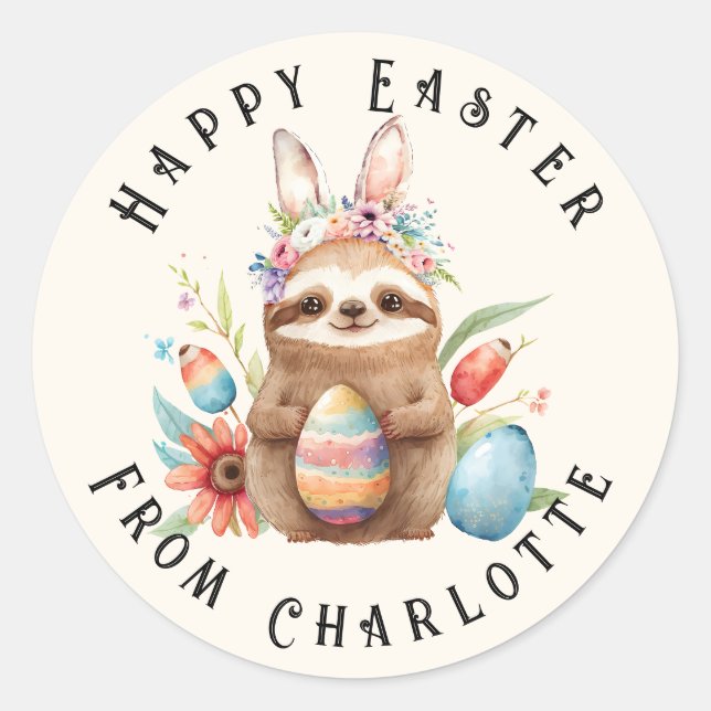 Cute Sloth Happy Easter Bunny Rabbit Eggs Name Classic Round Sticker (Front)