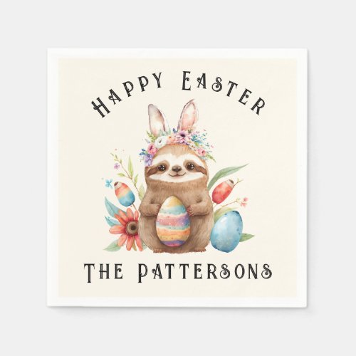 Cute Sloth Happy Easter Bunny Rabbit Eggs Name Napkins