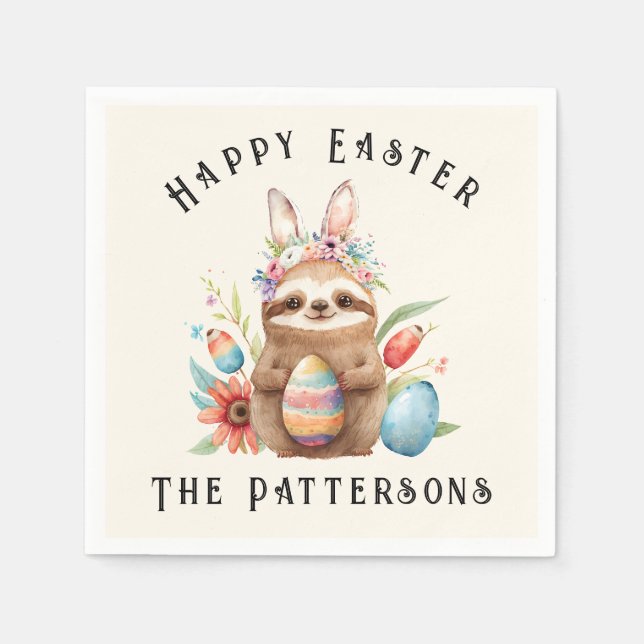 Cute Sloth Happy Easter Bunny Rabbit Eggs Name Napkins (Front)