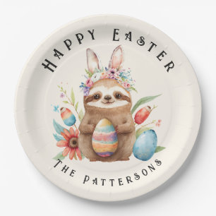 Cute Sloth Happy Easter Bunny Rabbit Eggs Name Paper Plates