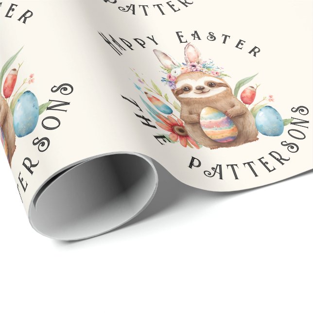 Cute Sloth Happy Easter Bunny Rabbit Eggs Name Wrapping Paper (Roll Corner)