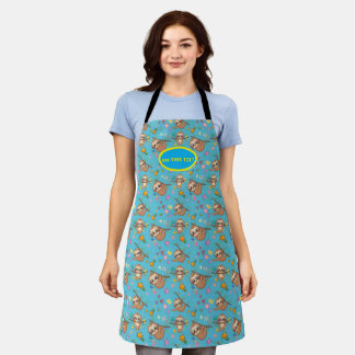 Cute Sloth | Hearts Floral Blue Pattern Template Apron