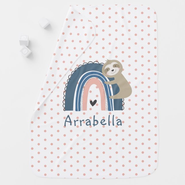 Cute Sloth Hug Heart Rainbow Pink Polka Dot Baby Blanket (In Situ)