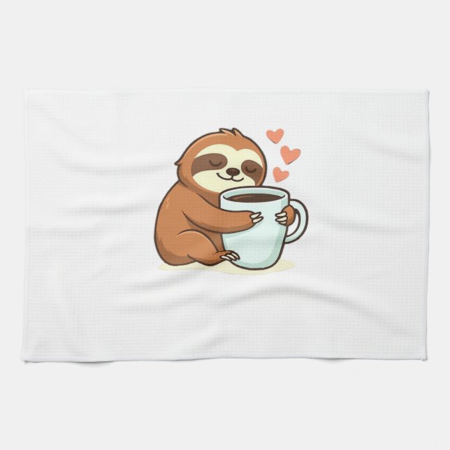 Cute Sloth Hugging Big Coffee Cup Premium T-Shirt Kitchen Towel (Horizontal)