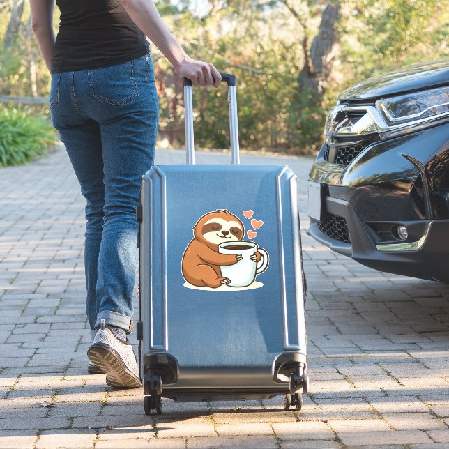 Cute Sloth Hugging Big Coffee Cup Premium T-Shirt Sticker (Suitcase Insitu)