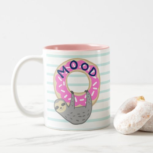 Cute Sloth Hugging Pink Iced Donut Mood Two_Tone Coffee Mug