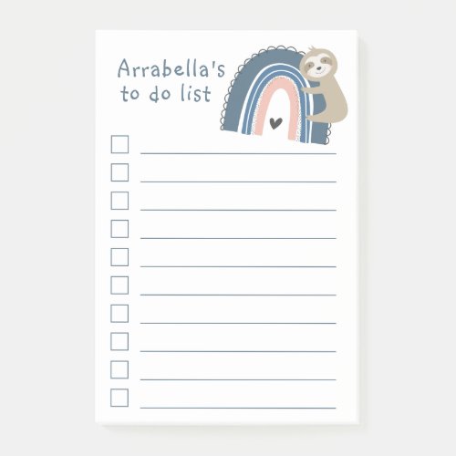 Cute Sloth Hugging Rainbow To Do List Checklist Post_it Notes