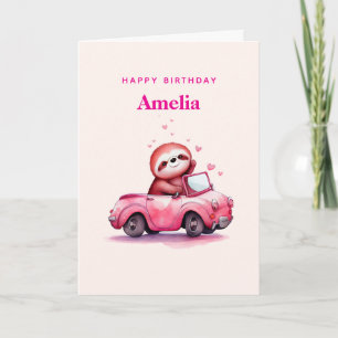 Cute Sloth in a Pink Convertible Birthday Card