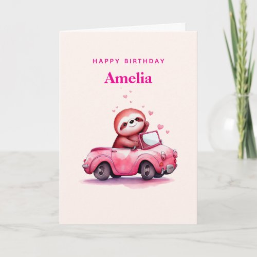 Cute Sloth in a Pink Convertible Birthday