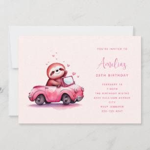 Cute Sloth in a Pink Convertible Birthday Invitation