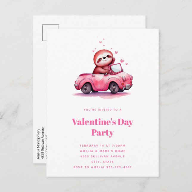 Cute Sloth in a Pink Convertible Invitation Postcard (Front/Back)