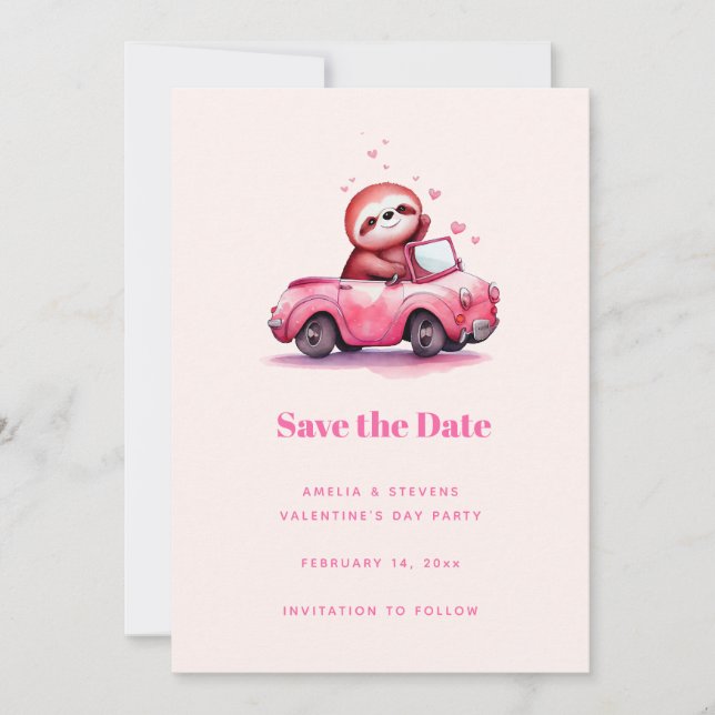 Cute Sloth in a Pink Convertible Save The Date (Front)