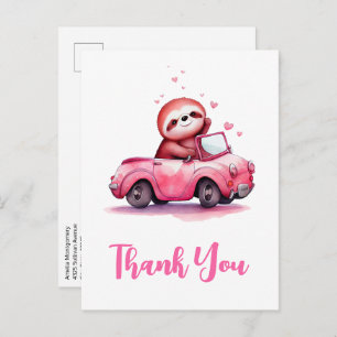 Cute Sloth in a Pink Convertible Thank You Postcard