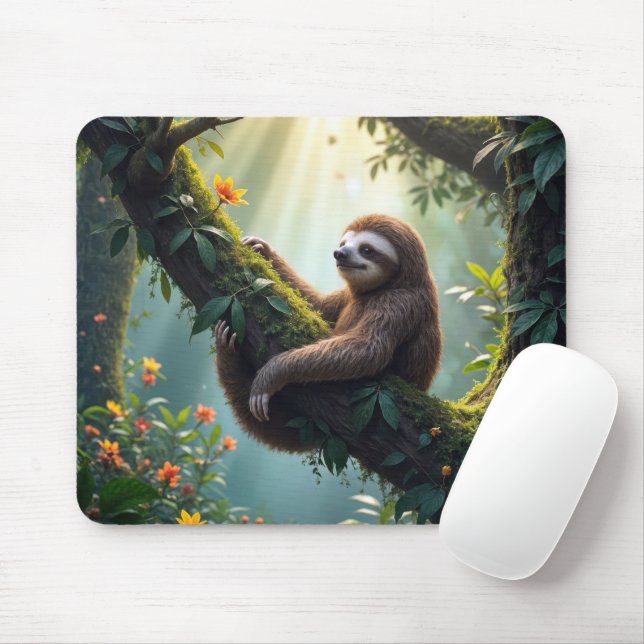Cute Sloth In a Rainforest Mouse Pad (With Mouse)