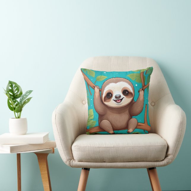 Cute sloth in a tree illustration throw pillow (Chair)