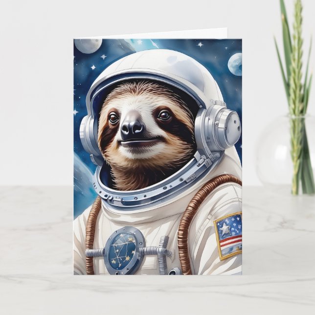 Cute Sloth in Astronaut Suit in Outer Space Card (Front)