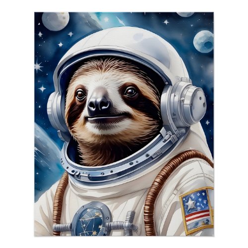 Cute Sloth in Astronaut Suit in Outer Space Poster