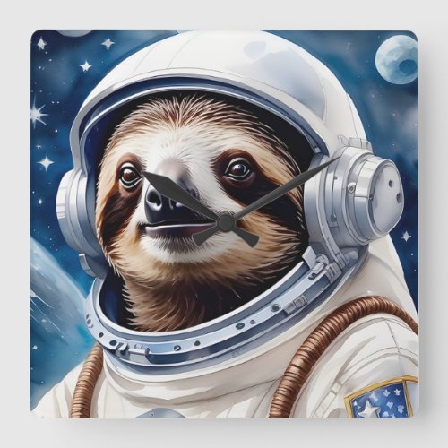 Cute Sloth in Astronaut Suit in Outer Space Square Wall Clock