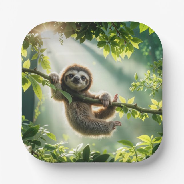 Cute Sloth In Backlit By Sunbeams Paper Plates (Front)