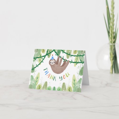 Cute sloth in blue and white party hat thank you card