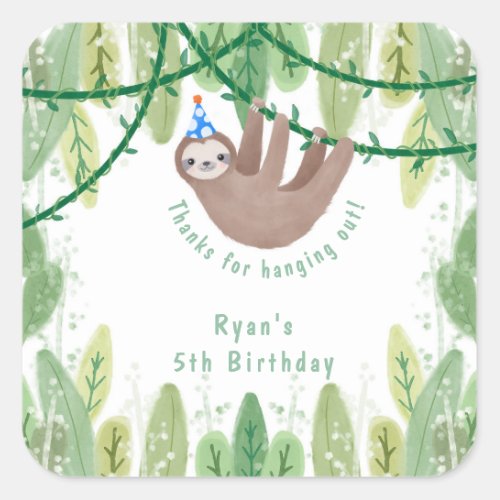 Cute sloth in blue  white polka dot party hat square sticker