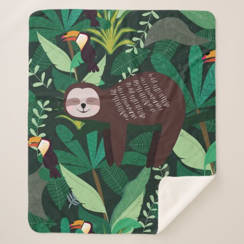 Cute sloth in green tropical illustration pattern sherpa blanket