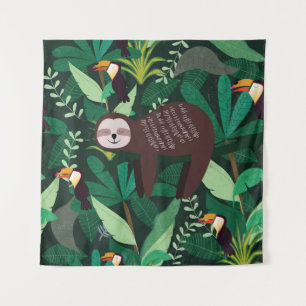 Cute sloth in green tropical illustration pattern tapestry