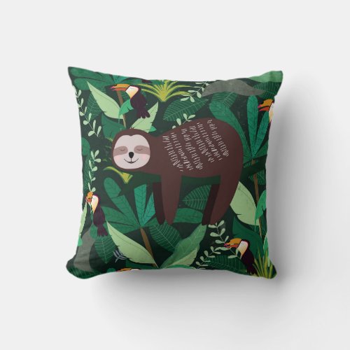 Cute sloth in green tropical illustration pattern throw pillow