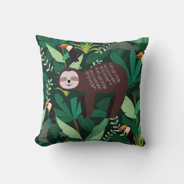 Cute sloth in green tropical illustration pattern throw pillow (Front)
